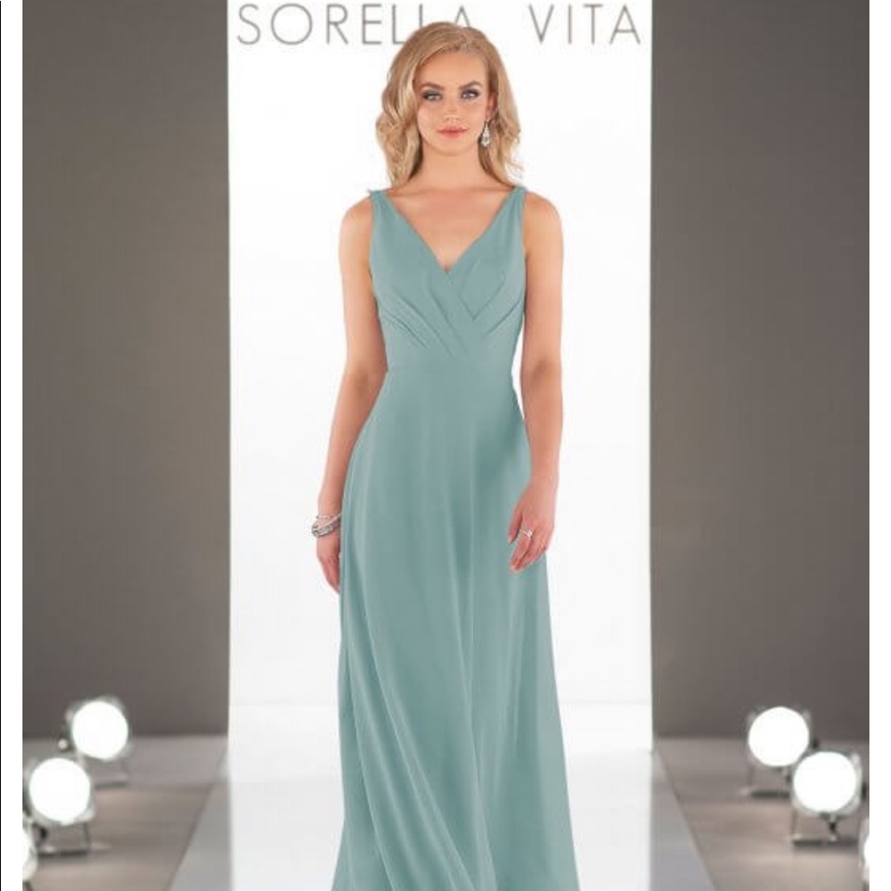 NWT, never worn bridesmaid dress in eucalyptus. Brand new, not altered.